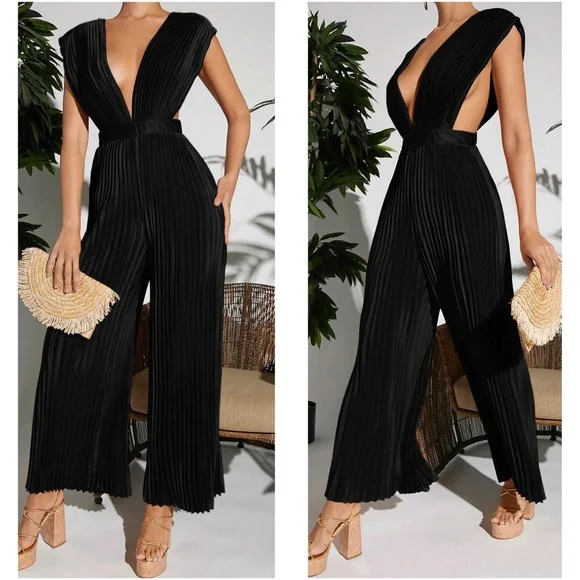 Luxe Plunging Neck Open Back Pleated Wide leg Jumpsuit - Picture 2 of 3